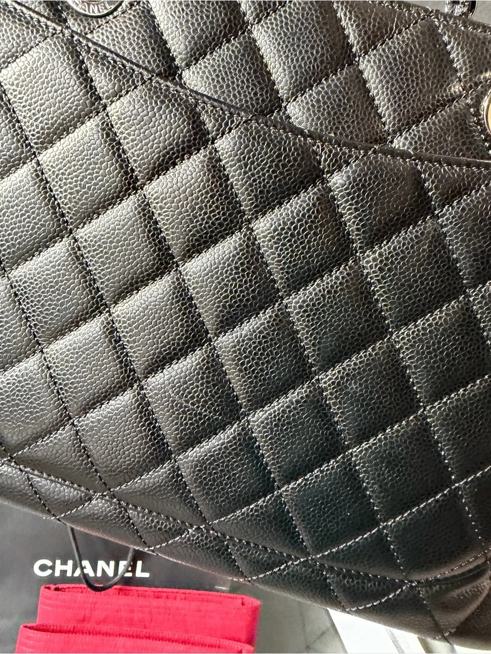 CHANEL Black Quilted Caviar Leather Shoulder Bag with Silver Chain Straps/ GST